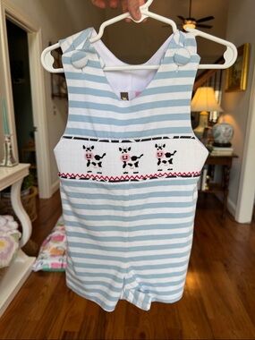 Children's Blue & White Striped Smocked Romper with Cow Motif Banana Split